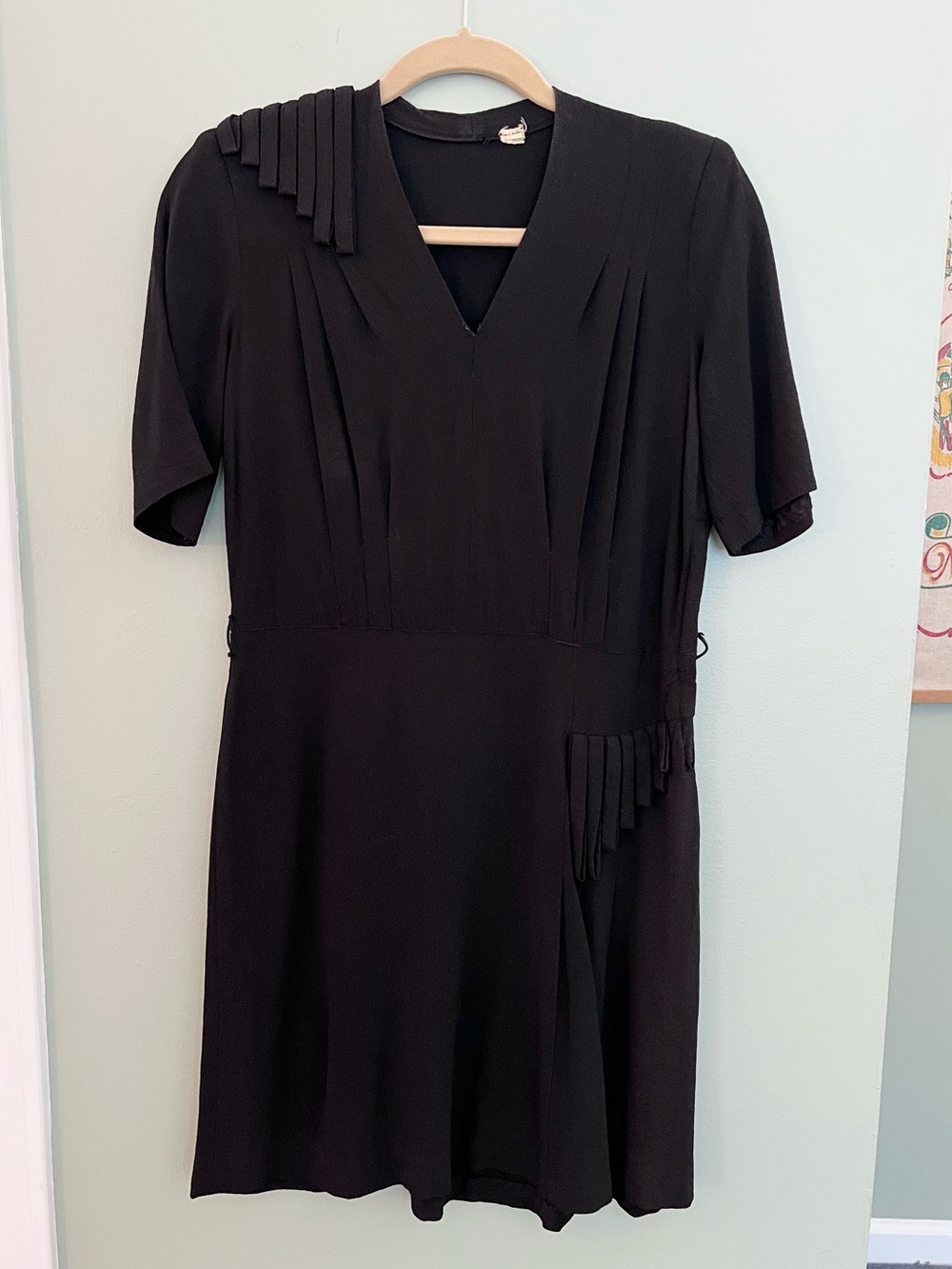 Vintage 1940s Black Crepé Rayon Dress with Tassels - had been shortened PETITE